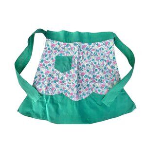 Vintage Apron With Scalloped Hem & Waistband Floral & Green 19" L Handmade